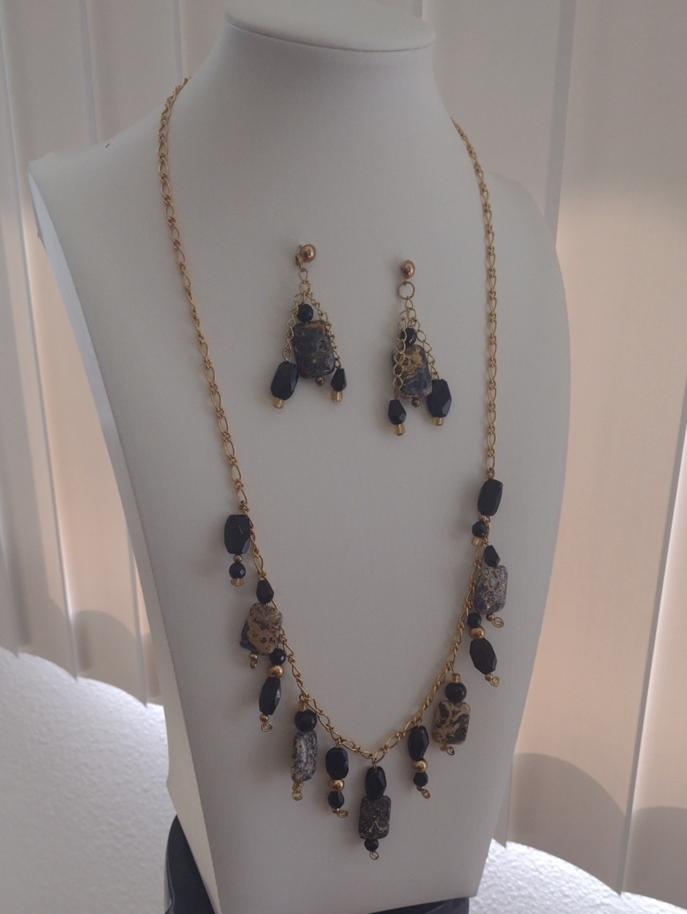 Gold-Tone Necklace and Earring Set with Black and Speckled Beads